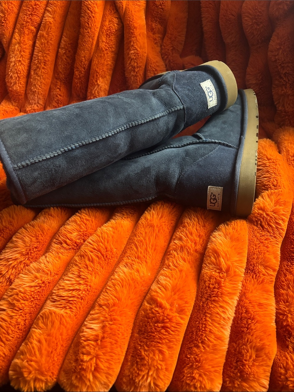 UGG Tall Suede Boots in Navy with Tan Sole - Picture 2 of 6